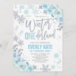 Winter ONEderland Birthday Invitation Blue Silver Kaart