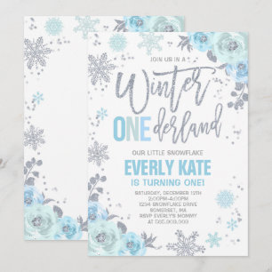 Winter ONEderland Birthday Invitation Blue Silver Kaart