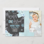 Winter ONEderland Birthday Invitation Blue Silver Kaart (Voorkant)