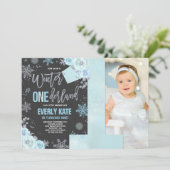 Winter ONEderland Birthday Invitation Blue Silver Kaart (Staand voorkant)