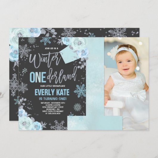 Winter ONEderland Birthday Invitation Blue Silver Kaart (Voorkant / Achterkant)