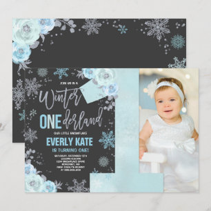 Winter ONEderland Birthday Invitation Blue Silver Kaart