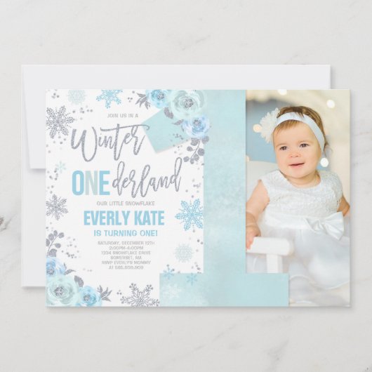 Winter ONEderland Birthday Invitation Blue Silver Kaart (Voorkant)