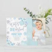 Winter ONEderland Birthday Invitation Blue Silver Kaart (Staand voorkant)