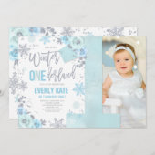 Winter ONEderland Birthday Invitation Blue Silver Kaart (Voorkant / Achterkant)