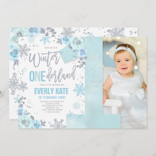 Winter ONEderland Birthday Invitation Blue Silver Kaart (Voorkant / Achterkant)