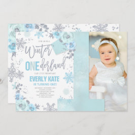 Winter ONEderland Birthday Invitation Blue Silver Kaart
