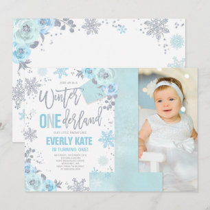Winter ONEderland Birthday Invitation Blue Silver Kaart