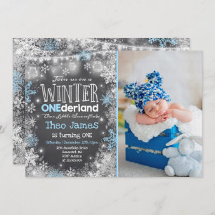 Winter ONEderland Birthday Invitation Blue White Kaart