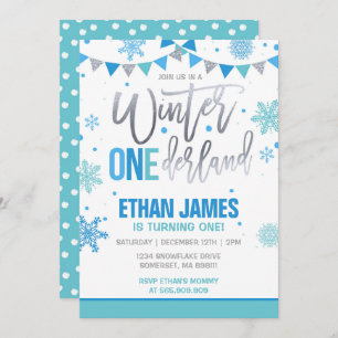 Winter ONEderland Birthday Invitation Blue & White Kaart