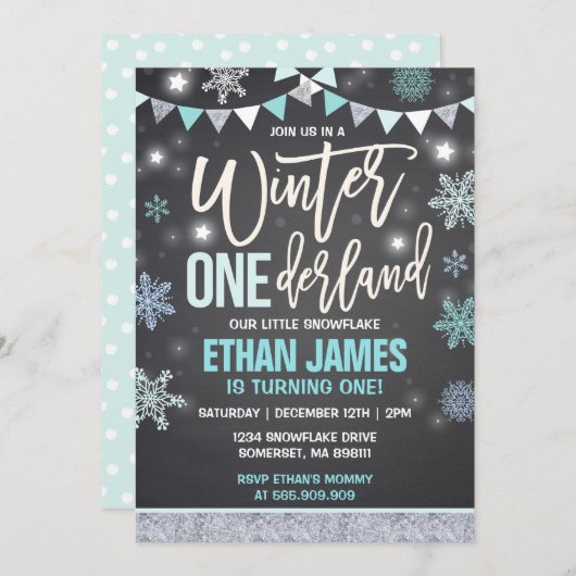 Winter ONEderland Birthday Invitation Blue & White Kaart (Voorkant / Achterkant)