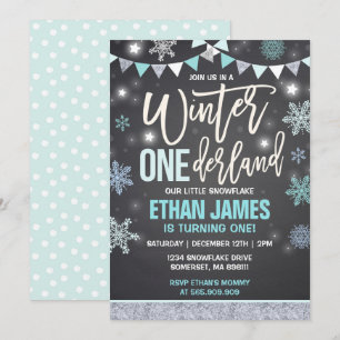 Winter ONEderland Birthday Invitation Blue & White Kaart