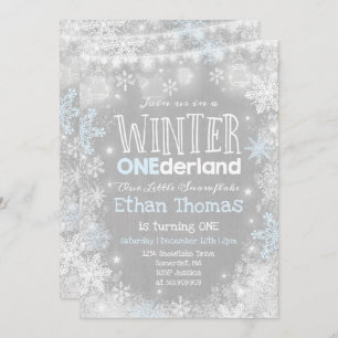 Winter ONEderland Birthday Invitation Blue White Kaart
