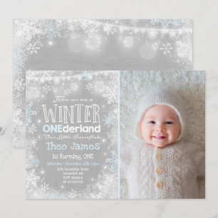Winter ONEderland Birthday Invitation Blue White Kaart