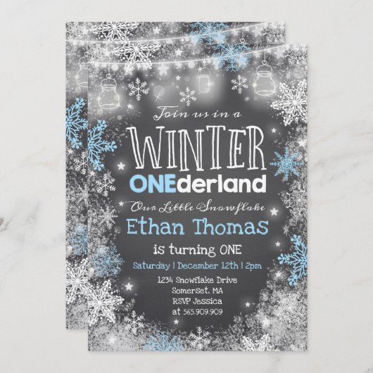 Winter ONEderland Birthday Invitation Blue White Kaart (Voorkant / Achterkant)