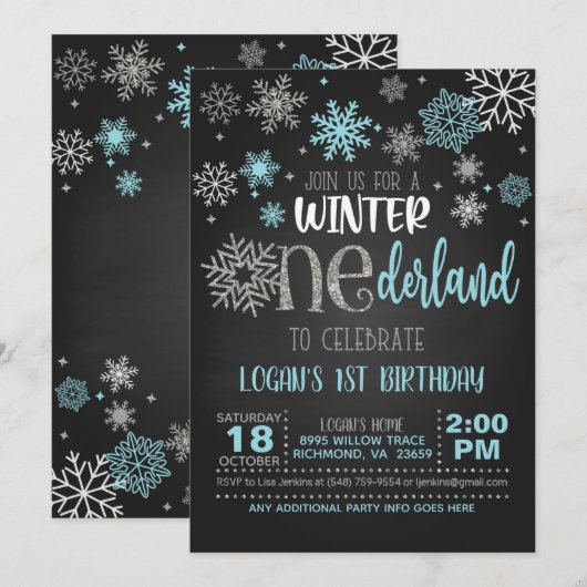 Winter ONEderland Birthday Invitation - Boy - BLK Kaart (Voorkant / Achterkant)