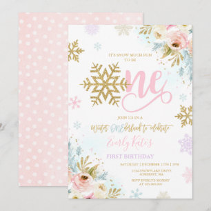 Winter ONEderland Birthday Invitation Gold Pink Kaart