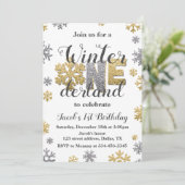 Winter ONEderland Birthday Invitation Gold Silver Kaart (Staand voorkant)