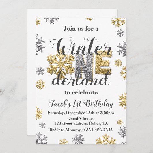 Winter ONEderland Birthday Invitation Gold Silver Kaart (Voorkant / Achterkant)