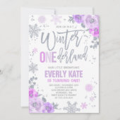 Winter ONEderland Birthday Invitation Lila Silver Kaart (Voorkant)