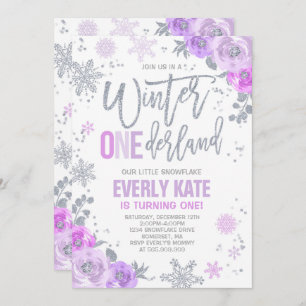 Winter ONEderland Birthday Invitation Lila Silver Kaart