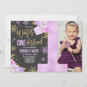 Winter ONEderland Birthday Invitation Paars Gold Kaart (Voorkant)