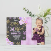 Winter ONEderland Birthday Invitation Paars Gold Kaart (Staand voorkant)