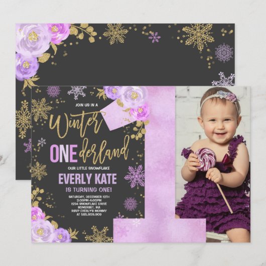 Winter ONEderland Birthday Invitation Paars Gold Kaart (Voorkant / Achterkant)