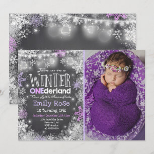 Winter ONEderland Birthday Invitation Paars White Kaart