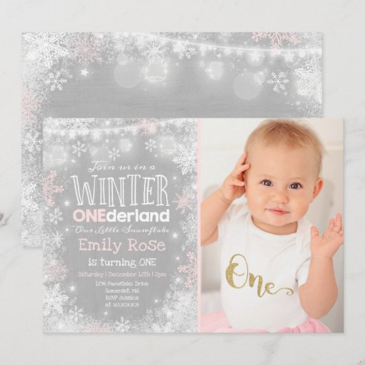 Winter ONEderland Birthday Invitation Pink White Kaart (Voorkant / Achterkant)