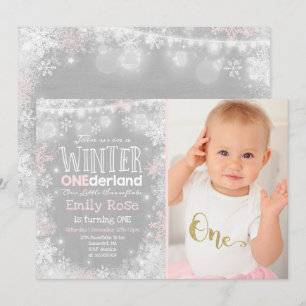 Winter ONEderland Birthday Invitation Pink White Kaart