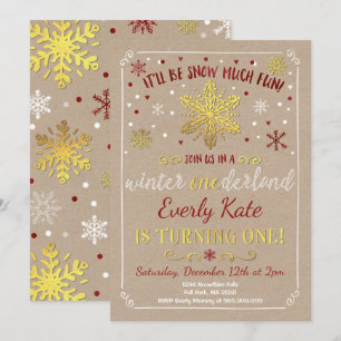 Winter ONEderland Birthday Invitation Red & Gold Kaart
