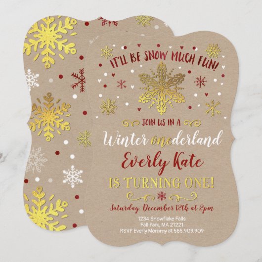 Winter ONEderland Birthday Invitation Red & Gold Kaart (Voorkant / Achterkant)