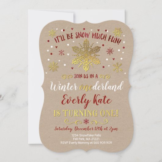 Winter ONEderland Birthday Invitation Red & Gold Kaart (Voorkant)