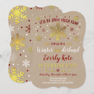 Winter ONEderland Birthday Invitation Red & Gold Kaart