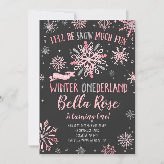 Winter ONEderland Birthday Invitation roze Silver Kaart (Voorkant)