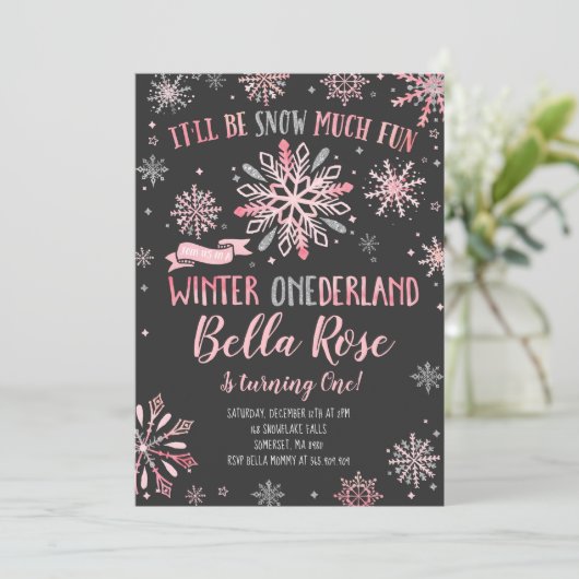 Winter ONEderland Birthday Invitation roze Silver Kaart (Staand voorkant)