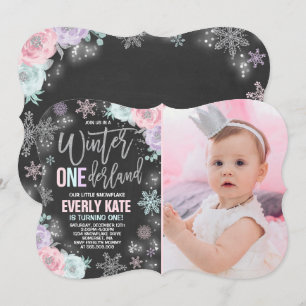 Winter ONEderland Birthday Invitation roze Silver Kaart