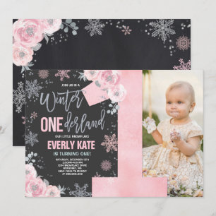 Winter ONEderland Birthday Invitation roze Silver Kaart
