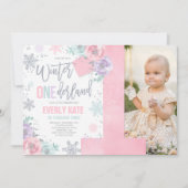 Winter ONEderland Birthday Invitation roze Silver Kaart (Voorkant)