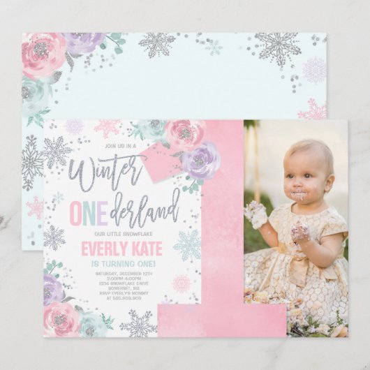 Winter ONEderland Birthday Invitation roze Silver Kaart (Voorkant / Achterkant)