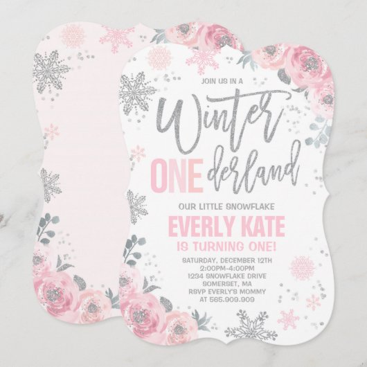 Winter ONEderland Birthday Invitation roze Silver Kaart (Voorkant / Achterkant)