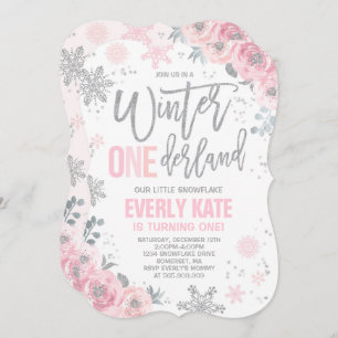 Winter ONEderland Birthday Invitation roze Silver Kaart