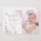 Winter ONEderland Birthday Invitation roze Silver Kaart (Voorkant)