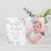 Winter ONEderland Birthday Invitation roze Silver Kaart (Staand voorkant)