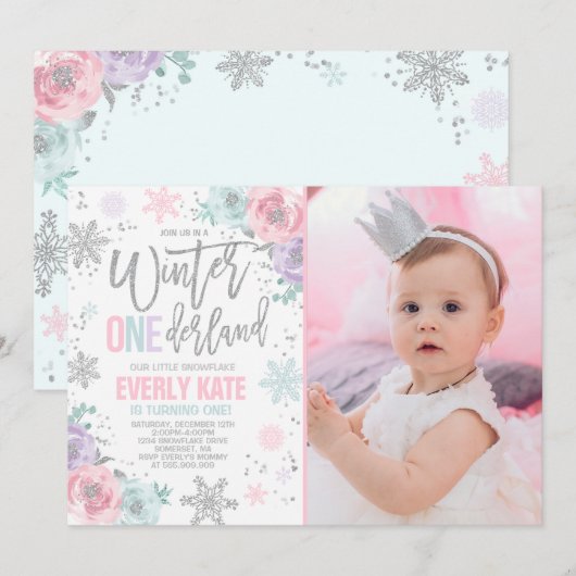 Winter ONEderland Birthday Invitation roze Silver Kaart (Voorkant / Achterkant)