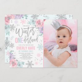 Winter ONEderland Birthday Invitation roze Silver Kaart