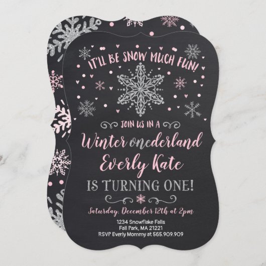 Winter ONEderland Birthday Invitation roze Silver Kaart (Voorkant / Achterkant)
