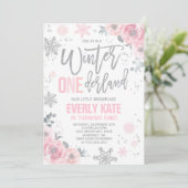 Winter ONEderland Birthday Invitation roze Silver Kaart (Staand voorkant)
