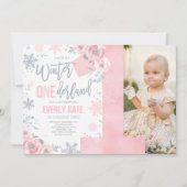 Winter ONEderland Birthday Invitation roze Silver Kaart (Voorkant)